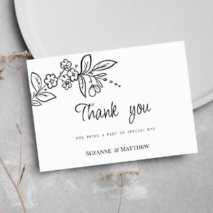 Invitación Elegante blanco negro simple floral Gracias