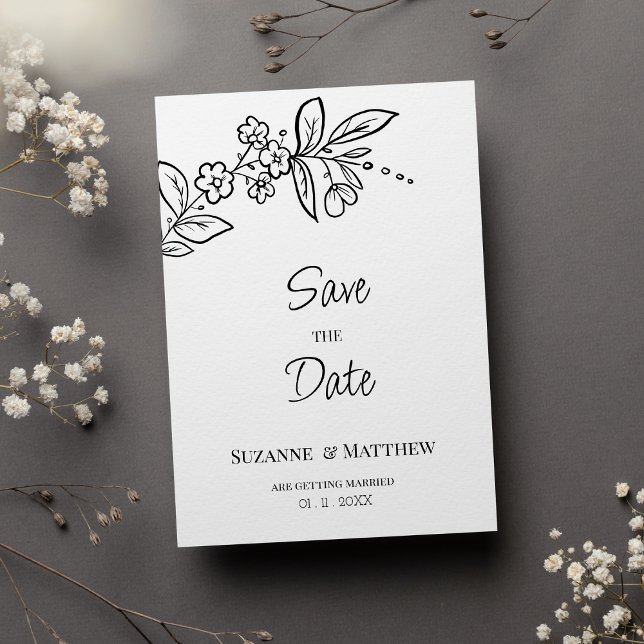 Invitación Elegante blanco negro simple floral Guardar la fec (Elegant black white simple floral Save the Date)