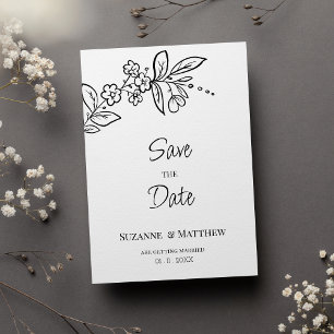 Invitación Elegante blanco negro simple floral Guardar la fec