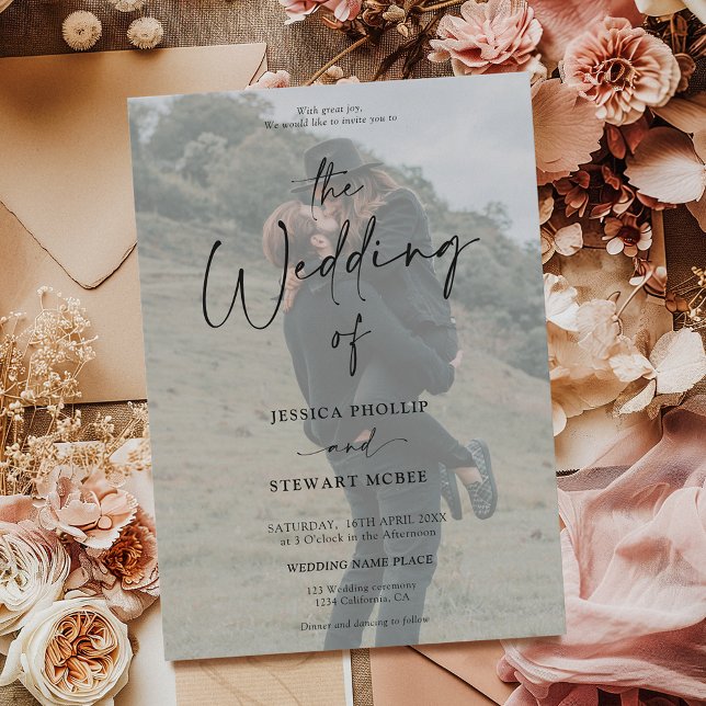 Invitación Elegante blanco negro todo en un boda de foto de g (Elegant black white all in 1 script photo wedding invitation)