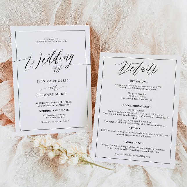 Invitación Elegante blanco negro todo en un boda de guiones (Elegant black white all in one script wedding invitation)