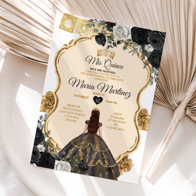 Invitación Elegante blanco negro y dorado floral mis príncipe (Subido por el creador)