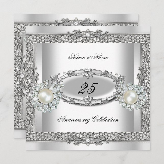 Invitación Elegante Blanco Perla Plateada Encaje 2 Aniversari (Anverso / Reverso)