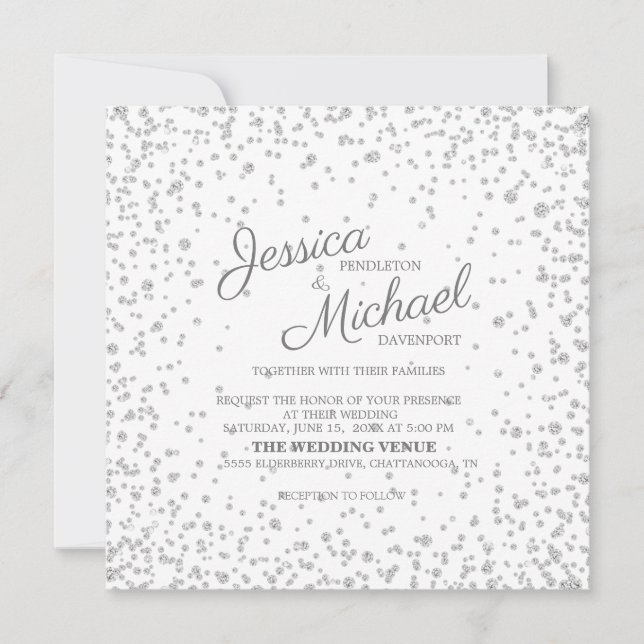 Invitación Elegante Blanco Plata Diamante Brillo Boda (Anverso)