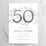 Invitación Elegante blanco plateado 50 cumpleaños<br><div class="desc">Elegante invitación de fiesta de cumpleaños 50 color blanco plateado. Personalizable diseño moderno femenino con acentos botánicos rosas y una falsa plata purpurina. Sencilla tarjeta de invitación floral perfecta para una elegante celebración de cumpleaños femenina. Personaliza con tus propios detalles. Invitaciones Zazzle impresas o una plantilla imprimible digital de descarga...</div>