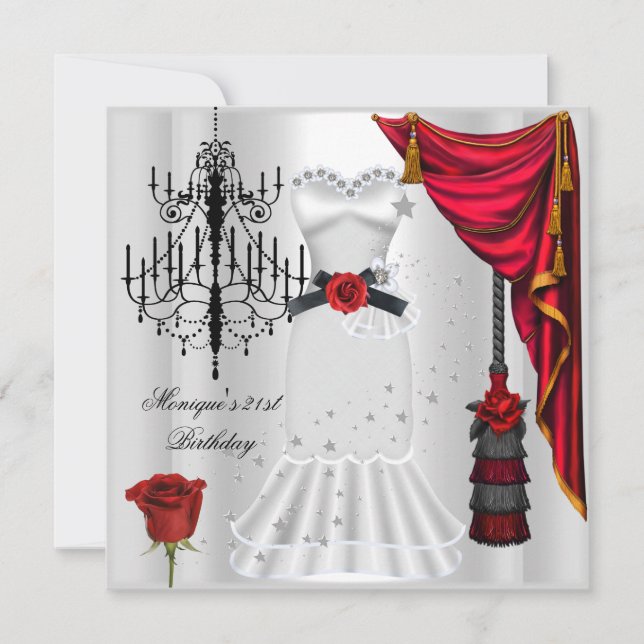 Invitación Elegante blanco rosa rojo de cumpleaños 21 negro (Anverso)