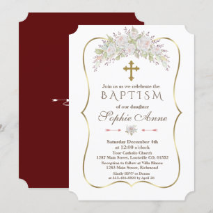 Invitación Elegante blanco Roses Borgoña Oro Bautismo