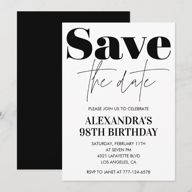 Invitación Elegante Blanco Salva la fecha cumpleaños 98 (Anverso / Reverso)