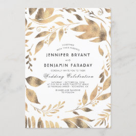 Invitación Elegante blanco y dorado Boda de laurel