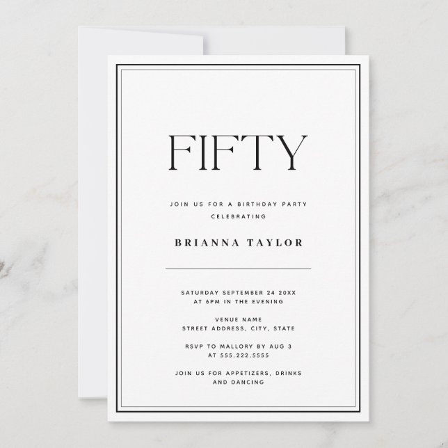 Invitación Elegante blanco y negro 50 cumpleaños (Anverso)