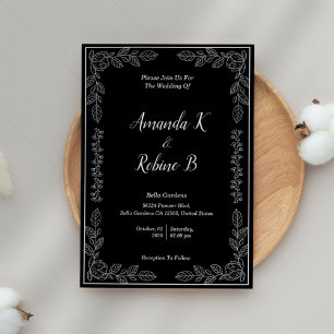 Invitación Elegante blanco y negro Boda de hojas simples