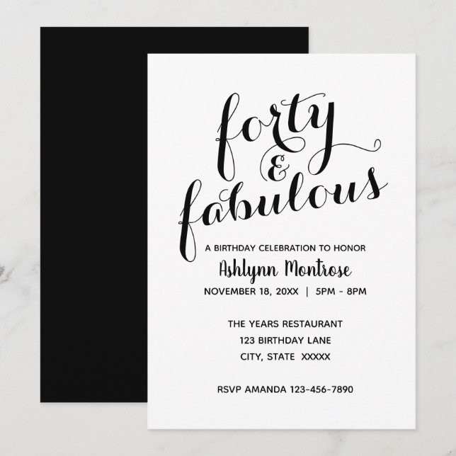 Invitación Elegante blanco y negro Cuarenta y fabuloso cumple (Anverso / Reverso)