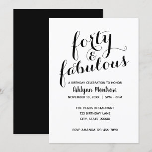 Invitación Elegante blanco y negro Cuarenta y fabuloso cumple