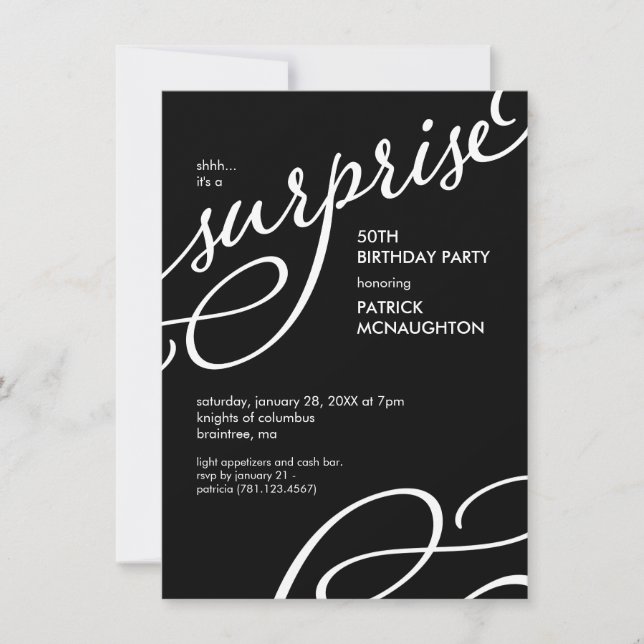 Invitación Elegante blanco y negro en la fiesta de cumpleaños (Anverso)