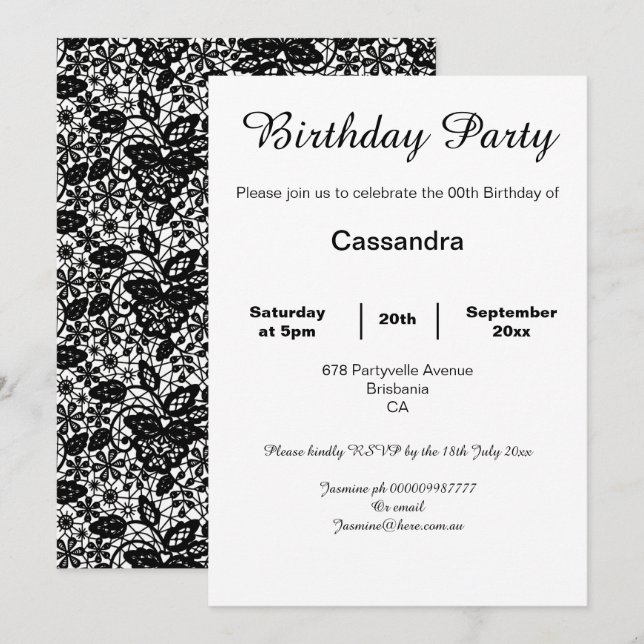 INVITACIÓN ELEGANTE BLANCO Y NEGRO LACE PARTIDO DE CUMPLEAÑOS (Anverso / Reverso)