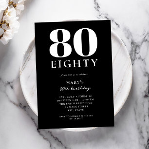 Invitación Elegante blanco y negro moderno 80 cumpleaños
