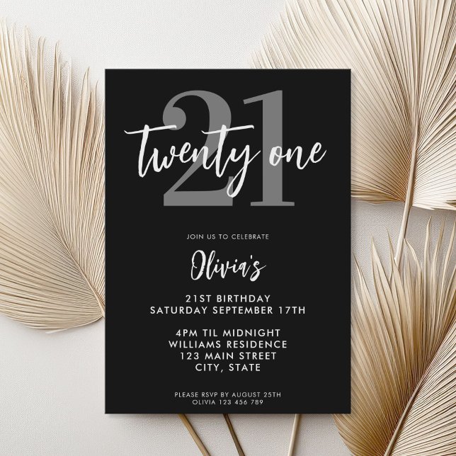 Invitación Elegante blanco y negro moderno cumpleaños 21 (Subido por el creador)