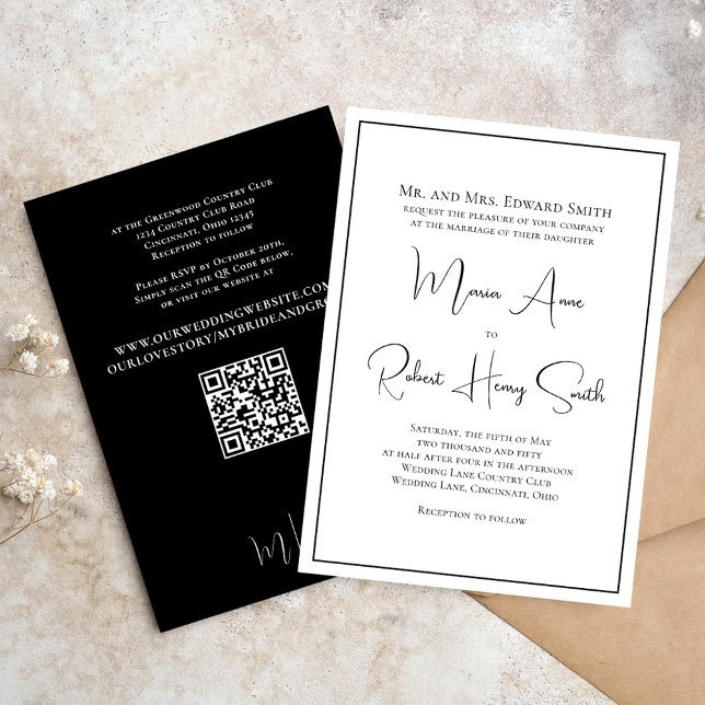 Invitación Elegante blanco y negro simple clásico formal (Black and white wedding invitation template with stylish calligraphy script. )