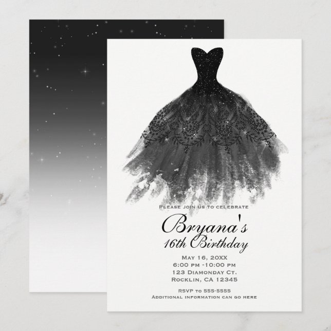 Invitación Elegante blanco y negro Vestido de vidrio dulce 16 (Anverso / Reverso)