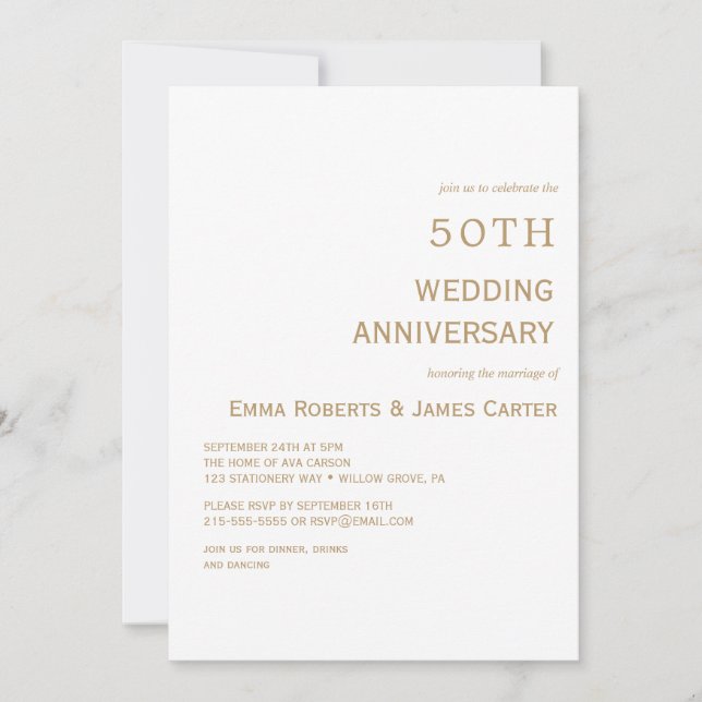 Invitación Elegante Blanco y Oro 50 Aniversario  (Anverso)