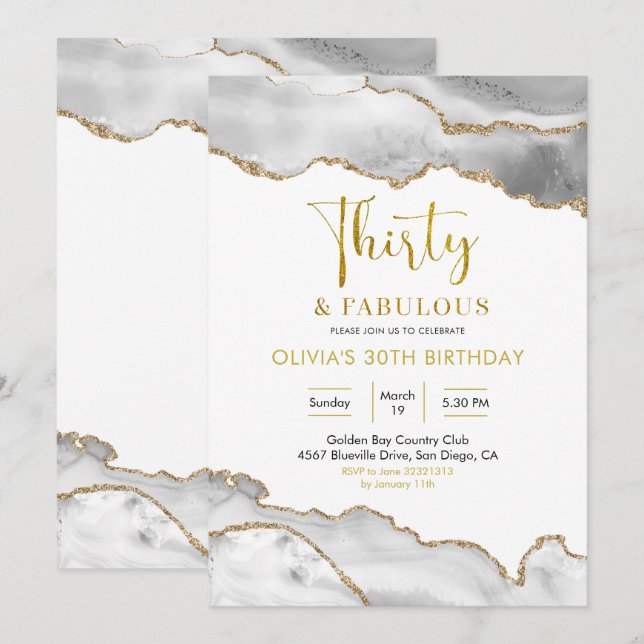 Invitación Elegante blanco y oro Treinta y Fabuloso (Anverso / Reverso)