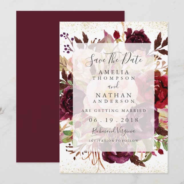 Invitación Elegante Blogom De Oro Borgoña Salva La Fecha (Anverso / Reverso)