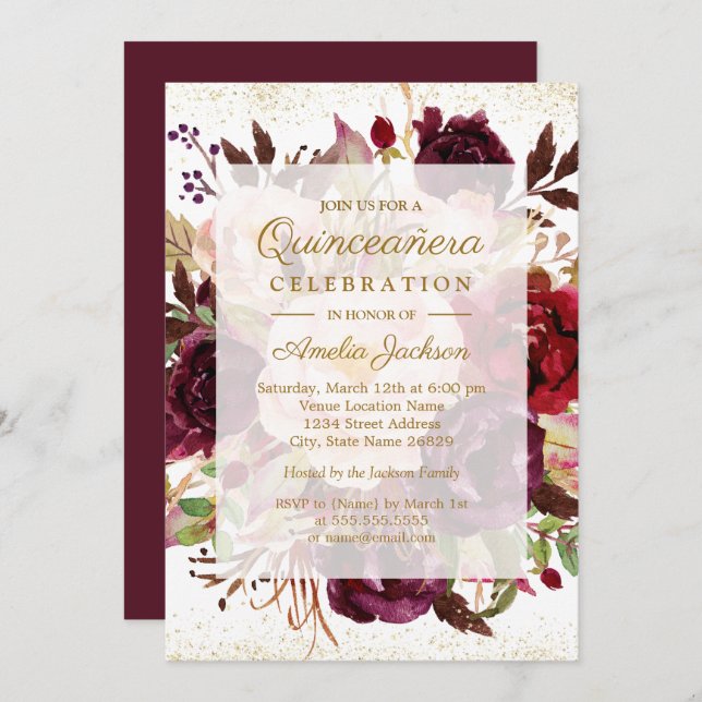 Invitación Elegante Bloom de Oro Borgoña Quinceanera Cumpleañ (Anverso / Reverso)