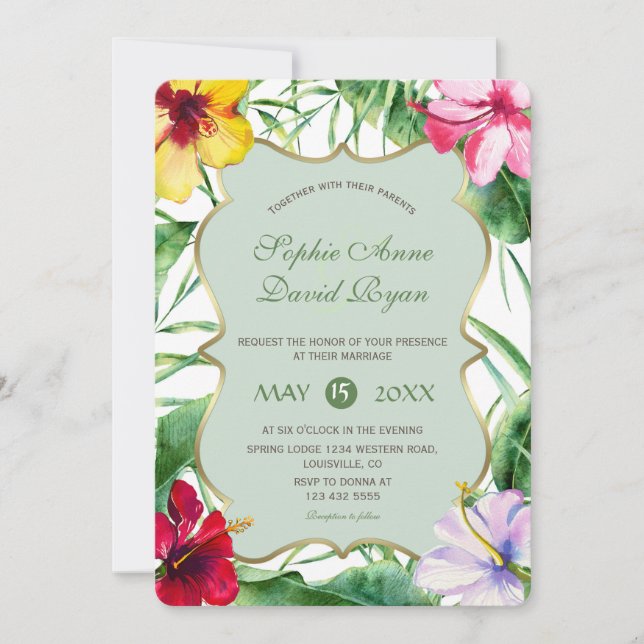 Invitación Elegante Bloom Tropical Hibiscus Gold Boda (Anverso)