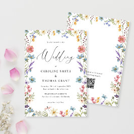 Invitación Elegante Bloom Wildflower Script QR Code Boda