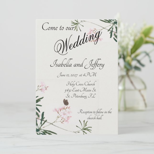 Invitación Elegante Blossom Botánico Rosa con Mariposa (Anverso de pie)