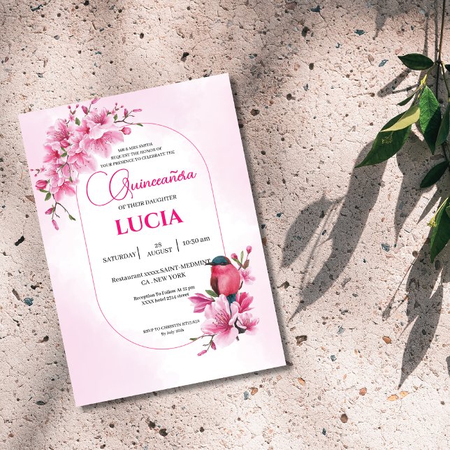 Invitación Elegante Blossom De Cerezo Rosa Geométrico Quincea (Subido por el creador)