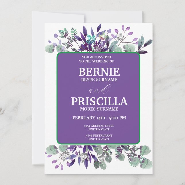 Invitación Elegante Blossom Floral Blanco Textos Boda Púrpura (Anverso)
