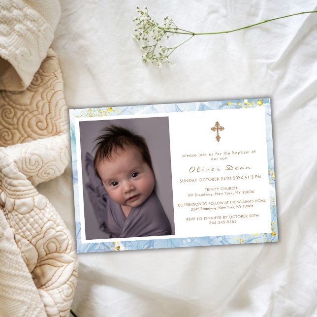 Invitación Elegante Blue Agate Foto Cruz de Oro Bautismo (Elegant Blue Agate Photo Gold Cross Boy Baptism Invitation)