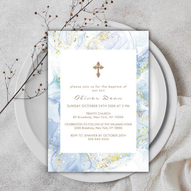 Invitación Elegante Blue Agate Gold Cross Boy Baptism (Elegant Blue Agate Gold Cross Boy Baptism Invitation)