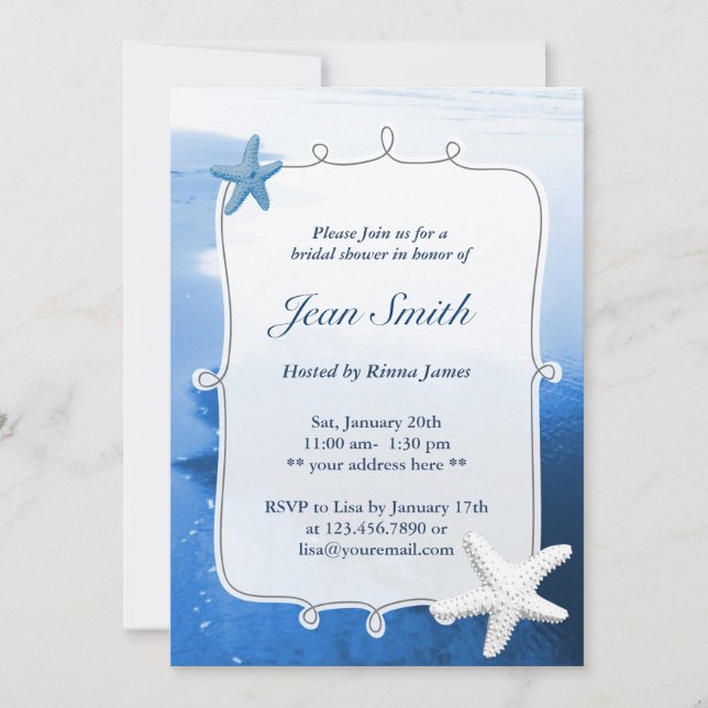 Invitación Elegante Blue Beach & Starfish Bridal Shower (Anverso)