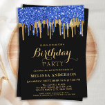 Invitación Elegante Blue Black Gold Purpurina Drins Cumpleaño<br><div class="desc">Invite a amigos y familiares a su fiesta de cumpleaños con estas elegantes invitaciones para fiestas de cumpleaños y suministros de fiesta azules, dorados y negros. Estas invitaciones azules y negras de cumpleaños también son perfectas para fiestas de retiro y graduación y celebraciones, solamente cambiar el evento en la pestaña...</div>