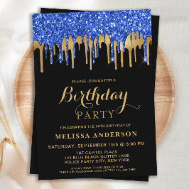 Invitación Elegante Blue Black Gold Purpurina Drins Cumpleaño