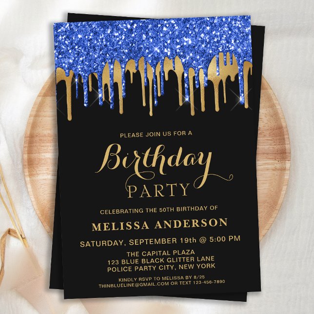 Invitación Elegante Blue Black Gold Purpurina Drins Cumpleaño (Subido por el creador)