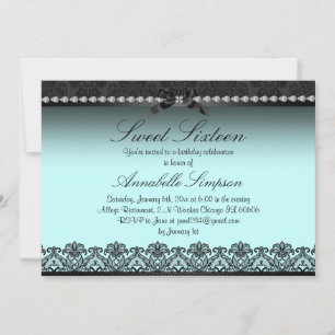 Invitación Elegante Blue & Black Lace Sweet Dieciséis Invitad