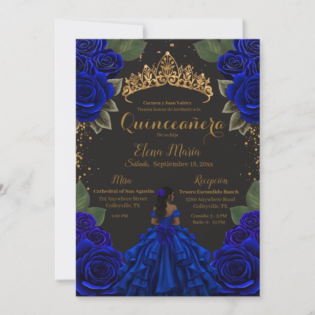 Invitación Elegante Blue Black Quinceañera Rosas Purpurina de (Anverso)