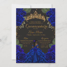 Invitación Elegante Blue Black Quinceañera Rosas Purpurina de