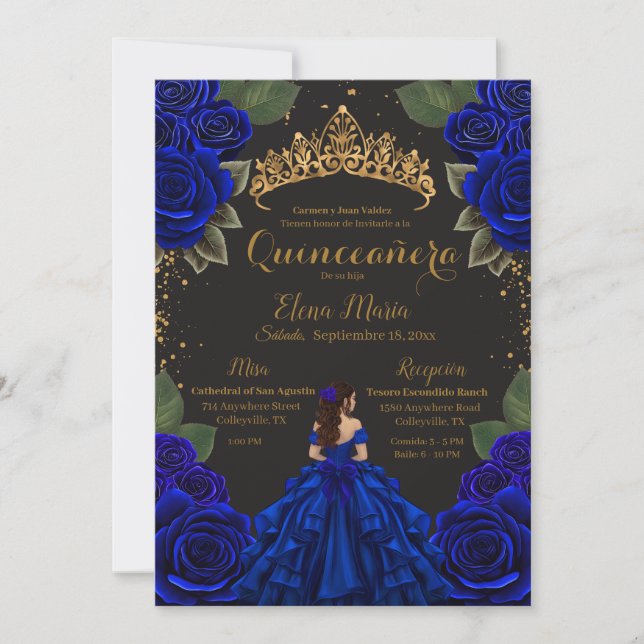 Invitación Elegante Blue Black Quinceañera Rosas Purpurina de (Anverso)