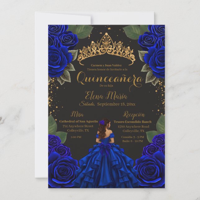 Invitación Elegante Blue Black Quinceañera Rosas Purpurina de (Anverso)