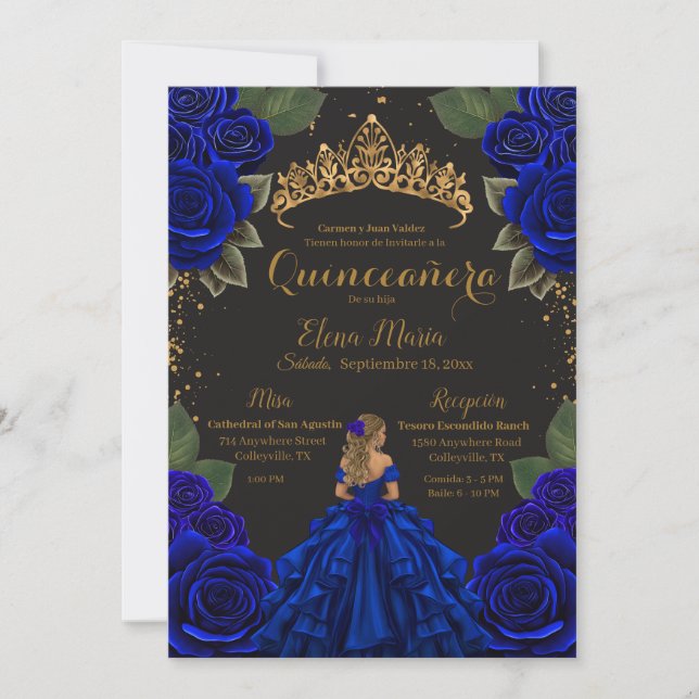 Invitación Elegante Blue Black Quinceañera Rosas Purpurina de (Anverso)