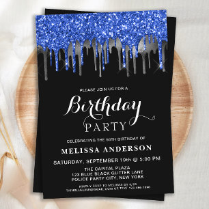 Invitación Elegante Blue Black Silver Purpurinas Drithday