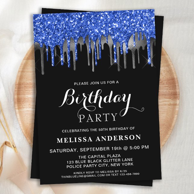 Invitación Elegante Blue Black Silver Purpurinas Drithday (Subido por el creador)