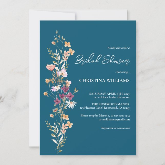 Invitación Elegante Blue Boho Wildflowers Bridal Shower (Anverso)