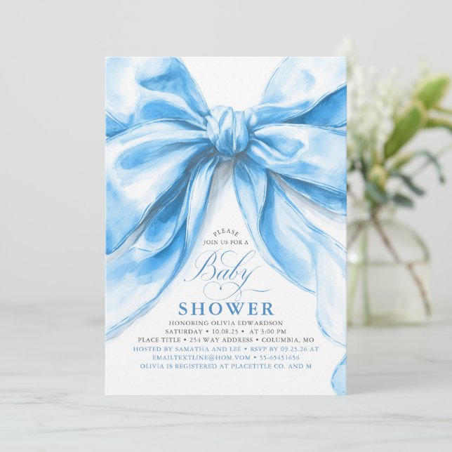 Invitación Elegante Blue Bow Boy Baby Shower (Anverso de pie)