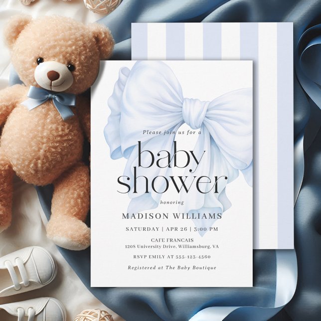 Invitación Elegante Blue Bow Boy Baby Shower (Available in both printed and instant download digital formats.)