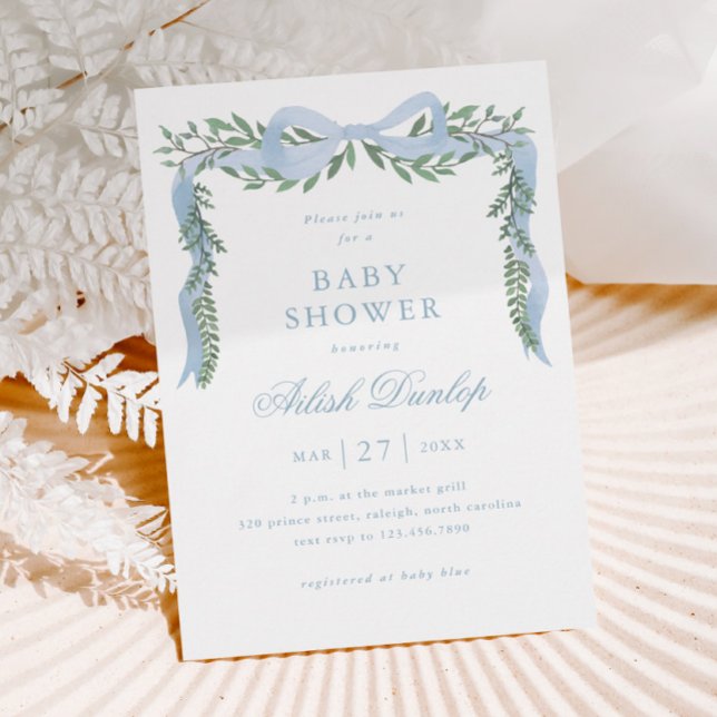 Invitación Elegante Blue Bow con GreenBoy Baby Shower (Elegant Blue Bow Greenery Boy Baby Shower Invitation.)